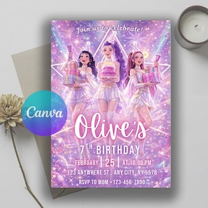 May include: A birthday party invitation with a purple and pink theme. The invitation features three cartoon girls holding gifts and a cake. The text reads "Join us to celebrate!" and "Olive's 7th Birthday". The date and time are also included.