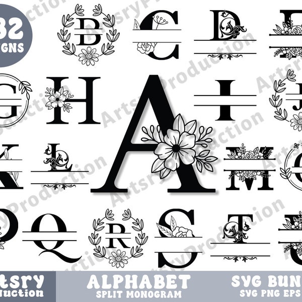 Alphabet Split Monogram Svg Bundle, Split Monogram Letters Svg, Family Monogram Svg, Monogram Font Alphabet, Monogram Svg Files, Cricut Png