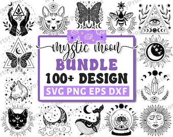 May include: A digital download bundle of 100+ mystical moon designs in SVG, PNG, EPS, and DXF formats. The designs feature a variety of celestial and occult imagery, including moons, stars, crystals, and eyes. The text "Mystic Moon Bundle 100+ Design SVG PNG EPS DXF" is displayed in a purple banner.