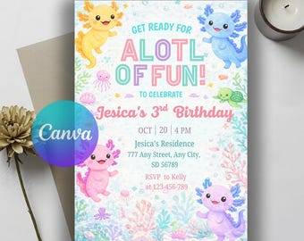 Axolotl Birthday Invitation, Watercolor Axolotl Birthday Invitation, Birthday Girl Party, Axolotl Birthday Party, Editable Canva Template