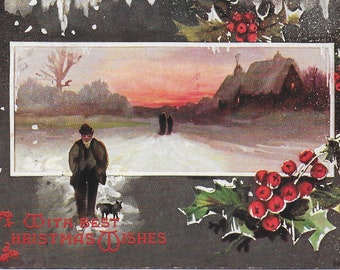 Vintage ansichtkaart, Raphael Tuck, A Merry Christmas, geplaatst 1906, Oilette-serie