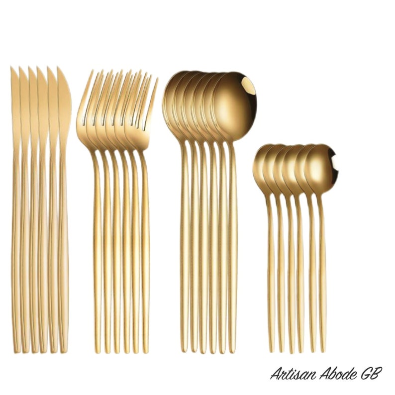 Luxury Golden Cutlery Set 24pcs Golden Cutlery Knife, Fork, Desert Spoon, Tea Spoon Home Decoration Supplies image 7