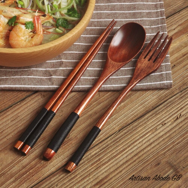 Natural Wooden Cutlery - Japanese Style Chopsticks - Asian Natural Wood Cutlery Set - Wooden Fork, Wooden Spoon - Wooden Ramen Cutlery