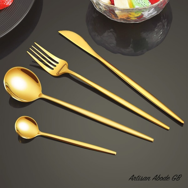 Ensemble de couverts dorés de luxe - 24 couverts dorés - Couteau, fourchette, cuillère à dessert, cuillère à thé - Accessoires de décoration intérieure