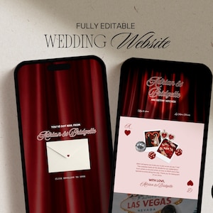 May include: Two smartphones displaying a wedding website template. One phone shows a red curtain background with a white envelope graphic and the text "You've got mail from Adrian & Bridgette." The other phone displays a wedding invitation with photos and text.