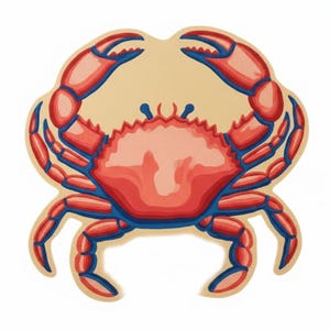 May include: A crab-shaped decorative item with a beige background and a red and blue crab design. The crab has large claws and multiple legs, with a detailed, layered appearance. The crab's body is a gradient of red hues.
