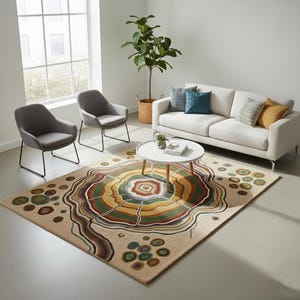 Puede incluir: Una alfombra beige con un diseño de anillos de árbol en tonos verdes, marrones, amarillos y rojos domina la habitación. La alfombra está rodeada por un sofá blanco, dos sillas grises y una mesa de centro redonda blanca. Una planta en maceta está en la esquina.
