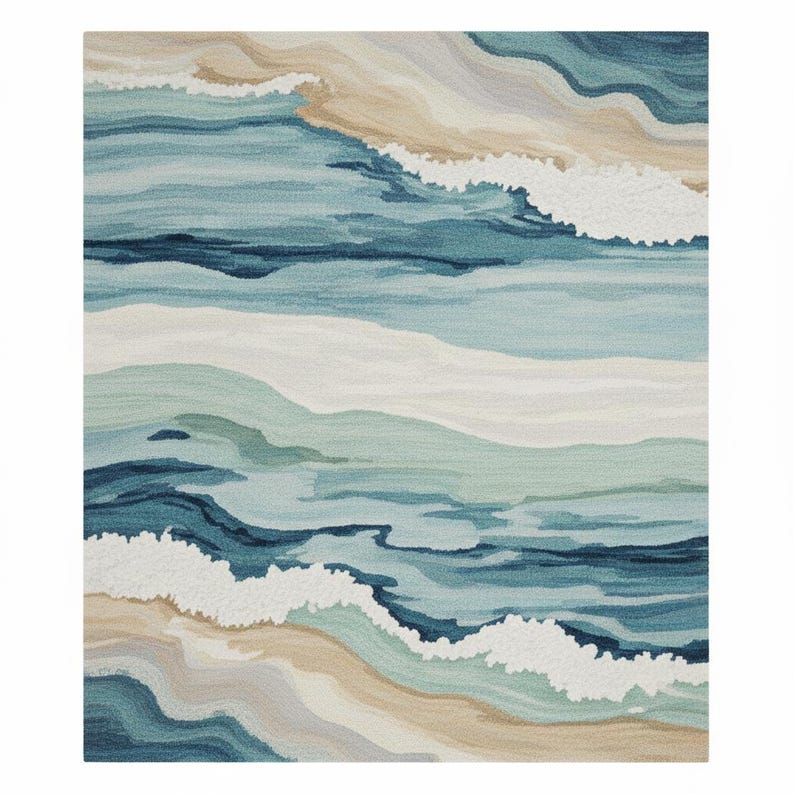Coastal Ocean Wave Wool Rug: Blue Teal Tan Beach Carpet (5x8 Feet) - Etsy