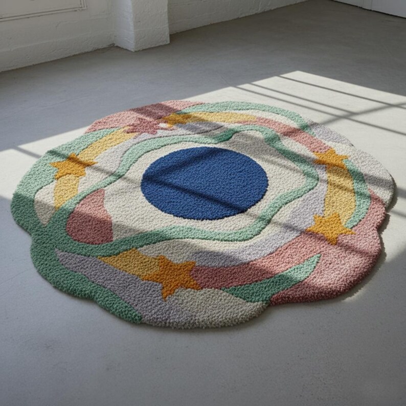 Multicolor Irregular Shape Rug Hand Tufted Wool Rug Custom Shape Rug 4x4 6x6 8x8 Feet