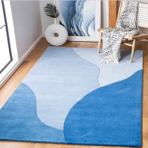 Tapis touffeté- Bleu mer ondulé Designer Tapis touffeté fait à la main Tapis de salon Tapis personnalisé pour la décoration intérieure Tapis