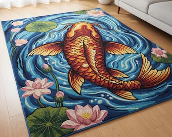Hand-Tufted Wool Koi Pond Rug: 3D Carp Design