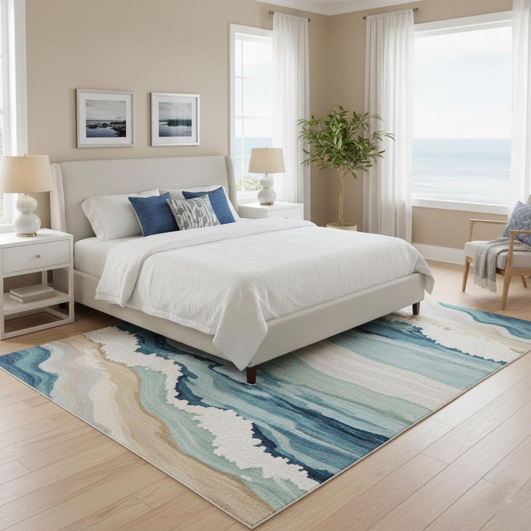 Coastal Ocean Wave Wool Rug: Blue Teal Tan Beach Carpet (5x8 Feet) - Etsy