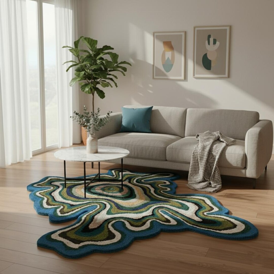 Amorph Rugs Amoeba Shape Hand Tufted Wool Area Rug: Blue Multi Color Irregular ...