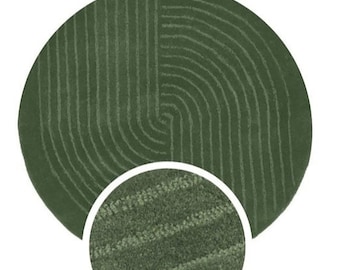 Handmade Green Wool Round Rug - Tufted Geometric Design