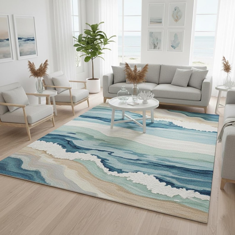 Coastal Ocean Wave Wool Rug: Blue Teal Tan Beach Carpet (5x8 Feet) - Etsy