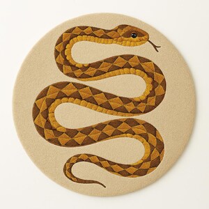 May include: A round rug featuring a detailed illustration of a snake. The snake is depicted in shades of brown and yellow with a diamond pattern. The rug has a beige background and is suitable for home decor.