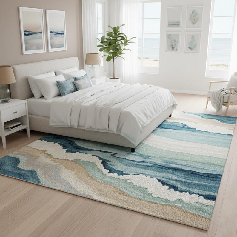 Coastal Ocean Wave Wool Rug: Blue Teal Tan Beach Carpet (5x8 Feet) - Etsy