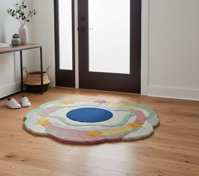 Multicolor Irregular Shape Rug Hand Tufted Wool Rug Custom Shape Rug 4x4 6x6 8x8 Feet