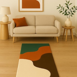 Hand Tufted Wool Area Rug for Living Room, Abstract Wavy Rug, Modern Minimalist Japandi Decor, Earthy Terracotta & Green Custom Carpet