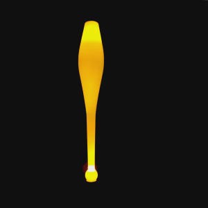 Puede incluir: Un objeto brillante en forma de maza de color amarillo sobre un fondo negro. El objeto tiene una base redondeada y se estrecha hacia una parte superior ovalada más ancha. El color cambia de un amarillo brillante en la parte superior a un amarillo ligeramente más oscuro en la base.
