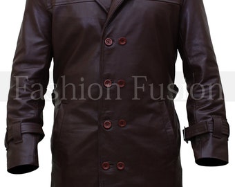 Mens Handmade Rorschach Watchmen Style Trench Brown Fashion Overcoat Casual Wear Genuine Leather Trench Coat