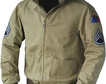 Mens Vintage WW2 Brad Tanker Military Pitt Bomber Khaki Cotton Jacket