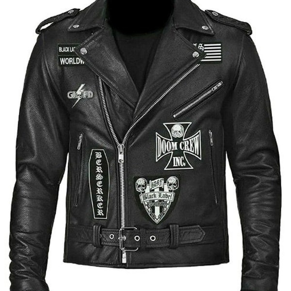 Zakk Wylde Black Label Society Biker Genuine Leather Jacket BLS Patches