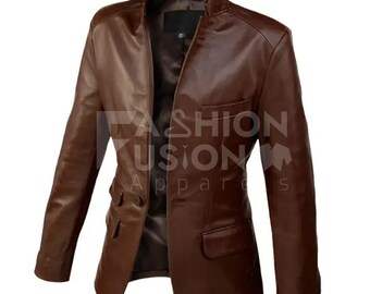 Mens Party Wear Dark Brown Italian Style One Button Genuine Leather Blazer Jacket