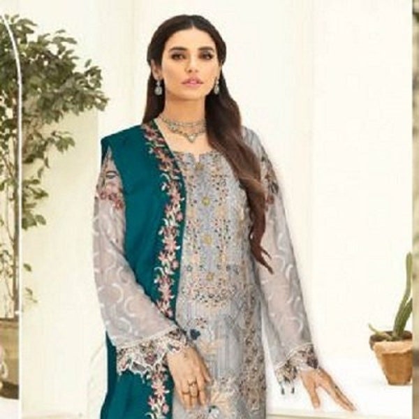 Eid Collection Grey Embroidered Chiffon Dress With Teal Dupatta Pakistani Ladies Salwar Suit, Indian Wedding Outfit Party Wear Ready To Wear