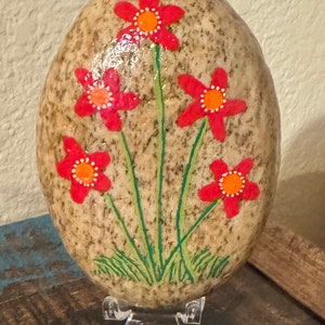 Beautiful Spring Flowers with Lavender flowers on back of hand-painted rock, for garden, gift, or home decor