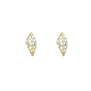 May include: A pair of gold and silver earrings with a diamond-shaped design. The earrings are made of a delicate, openwork pattern.