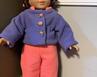 Peach and purple fleece jacket and pants suit.