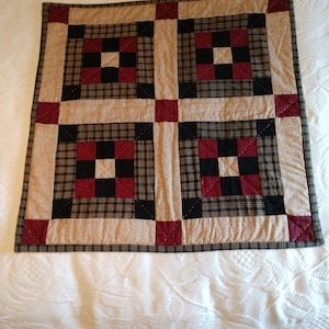 Black plaid and burgundy nine patch wall hanging