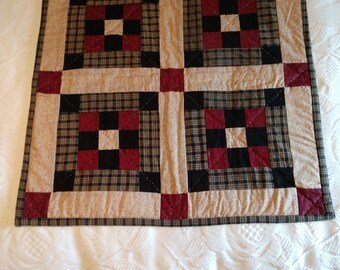 Black plaid and burgundy nine patch wall hanging