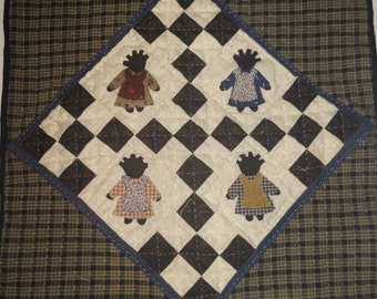 Hand applique Baby girls in braids small quilted wall hanging