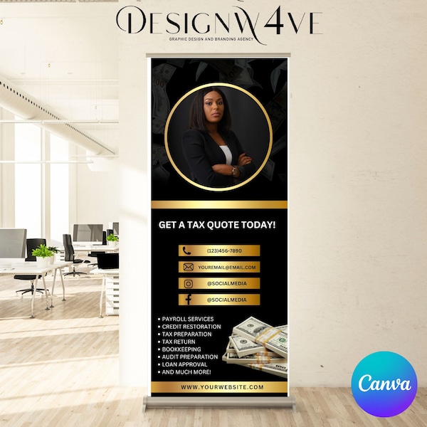 DIY Gold Tax Prep Retractable Banner Template, Credit Repair Roll Up Banner Design, Canva Professional Retractable Banner Event Design