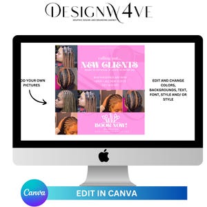 Puede incluir: Una plantilla de dise&ntilde;o gr&aacute;fico rosa y blanca para un negocio de trenzas. La plantilla presenta un collage de fotos de mujeres con diferentes peinados trenzados. El texto en la plantilla dice "calling out... NEW CLIENTS MAKE IT OFFICIAL & LOCK IN WITH ME MAY BOOKINGS ARE NOW OPEN ALL NEW CLIENTS GET 30% OFF BOOK NOW!"