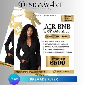 Airbnb Masterclass DIY Flyer, Gold, Weiß und Schwarz Airbnb-Course Flyer Vorlage, Haushaltsvorlage, Canva-Vorlage, DIY-Flyer, bearbeitbar