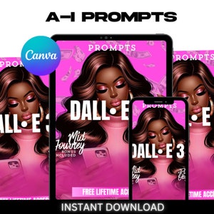 May include: A pink and black digital product mockup with the text "DALL-E 3" and "Midjourney" on a pink background with dollar bills falling from the top. The text "Free Lifetime Access" and "Instant Download" are also visible.