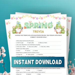 Spring Trivia Game, Trivia Printable, Games for Springtime, Fun Spring Game, Spring Activity, Flowers, Spring Quiz, For Kids, For Adults