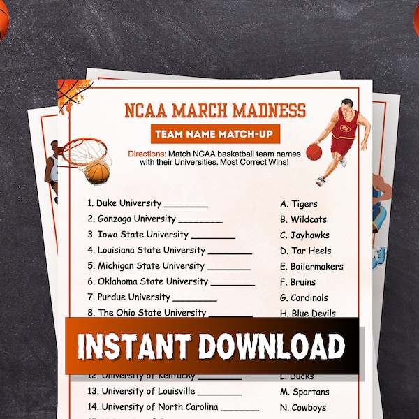 March Madness Team Name Match Up, NCAA Team Game, NCAA Games, March Madness Games, College Basketball Teams, March Madness Printable