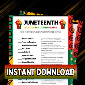 Juneteenth Heroes Matching Game, Classroom Game, Black History Game, Juneteenth Activity For Kids and Adults, Juneteenth Matching Printable