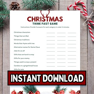 Christmas Printable Game, Think Fast Game, Holiday Party Game, Work Party Game, Holiday Party Starter Game, Christmas Trivia Game Printable