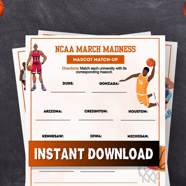 NCAA Mascot Game, March Madness Mascots, Mascot Matching, NCAA Basketball Activity, NCAA Printable, Fun Basketball Games, College Game