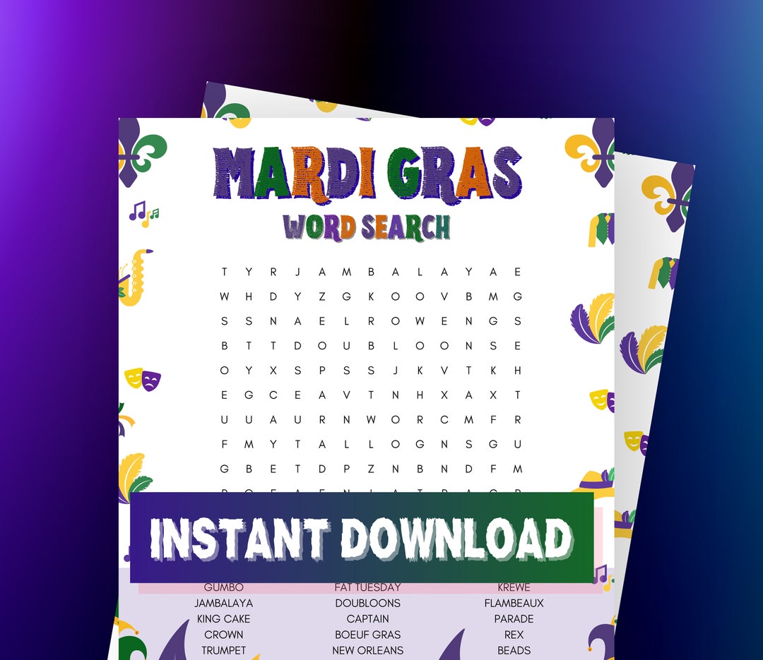 Mardi Gras Word Search, Word Search Game, Mardi Gras, Carnival, Games