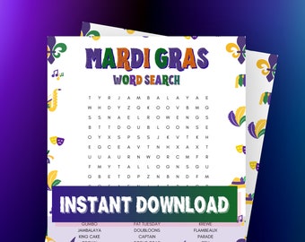 Mardi Gras Word Search, Word Search Game, Mardi Gras, Carnival, Games For Mardi Gras, Fat Tuesday, Mardi Gras Printables, Word Search Games