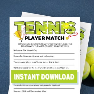Tennis Player Match Up Game, Tennis Matching Games, Team Building, Tennis Game, For Kids Adults Seniors, Fun Tennis Event Icebreaker