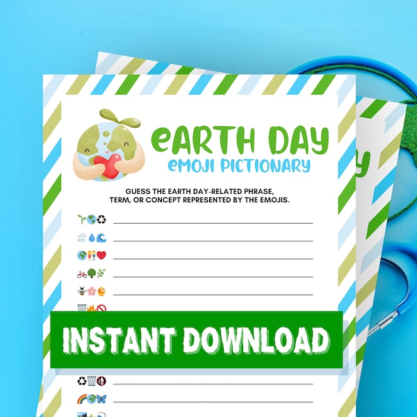 Earth Day Emoji Pictionary, Earth Emoji Quiz, Save the Ocean, Green Future, Environmental, Plant Based, Clean,International Earth Games Kids