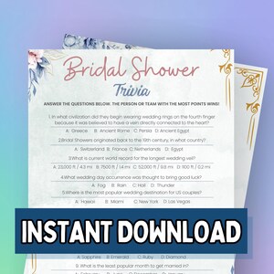 Bridal Shower Trivia Game, Bridal Game, Wedding Quiz, Wedding Games, Bachelorette Party, Bridal Shower Activity, Family Event Printable