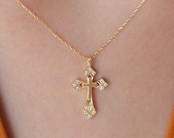 14K Gold Diamond Cross Necklace, Ornate Studded Cross Pendant, Baroque Style Charm, Faith Gift for Her